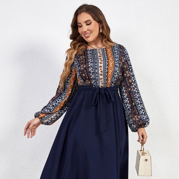 Melo Apparel Plus Size Printed Tie Belt Boat Neck Midi Dress - Picture 2 of 7